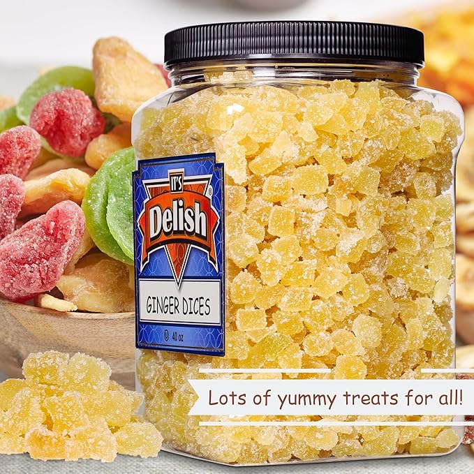 Crystallized Ginger Dices by It's Delish 2.5 Lbs Jumbo Container | Candied Dried Ginger Fruit Chews Natural Candy Ginger Root with Sugar Crystals Unsulphured No Color Added - Healthy Snack Vegan