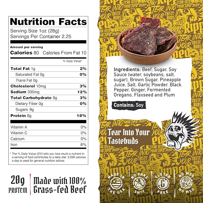 Ripped Beef Jerky - 100% Grass Fed Beef 20g Protein Real Ingredients Gluten Free No MSG Made in USA (Pack of 3 Pineapple)