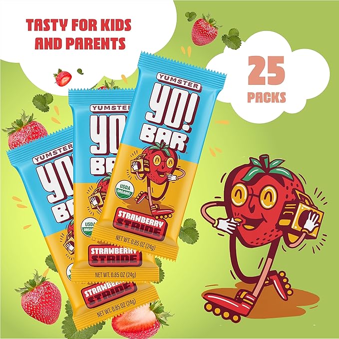 Yo! Bar by Bearded Brothers Vegan Organic Kids Bar Strawberry (25 Bars) - Gluten Free Paleo and Whole 30 | Soy Free Non-GMO Low Glycemic No Sugar Added Fiber + Whole Foods