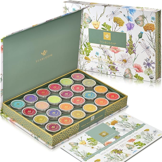 Teabloom Exceptional Organic &amp Kosher Certified Loose Leaf Tea Chest World's Largest Tea Collection with 24 Varieties of Black Green White Oolong and Herbal Teas