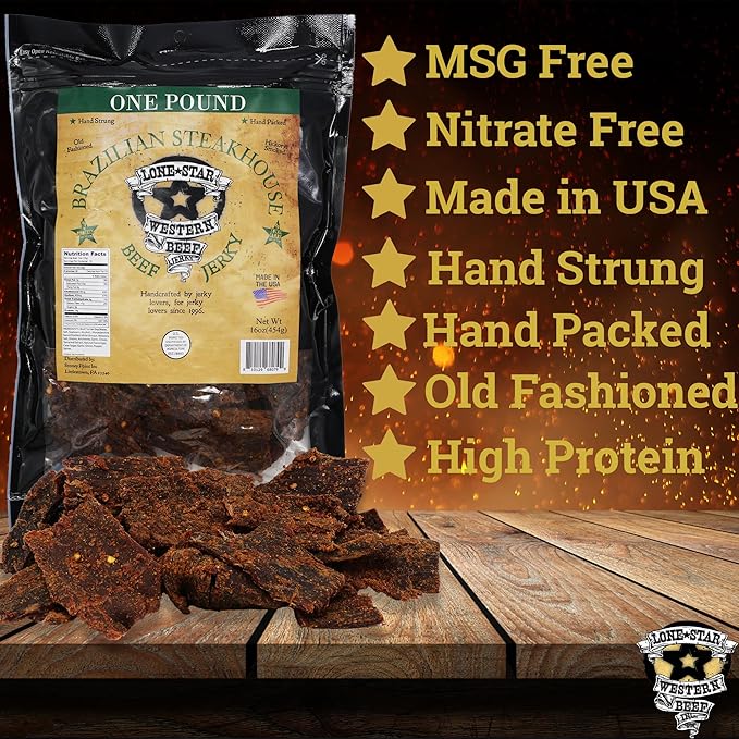 Lone Star Brazilian Steakhouse Flavored Beef Jerky - 1 Pound Resealable Bag - Hickory Smoked Handcrafted Flavor - High Protein Healthy Meat Snack