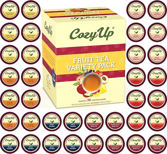 Cozy Up Iced Sweet Fruit Black Tea K-Cup Variety Pack 36 Count Guilt-Free Zero Calorie Sweetness - Compatible with Keurig - Lemon Tropical Berry Passion Fruit Apple &amp Peach - Single Serve Po