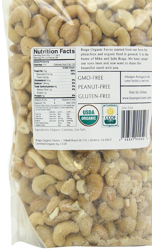 Braga Organic Farms Organic Roasted and Salted Cashews 2 lb. bag