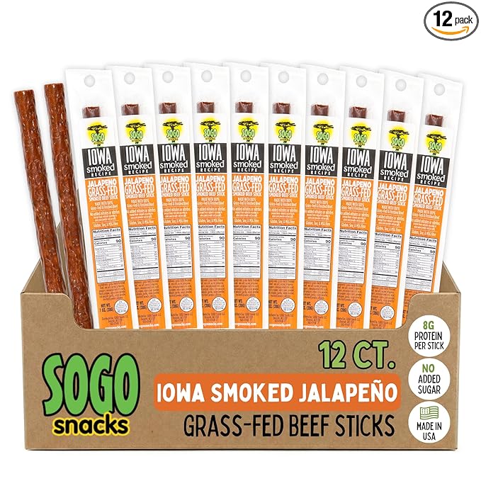 Jalapeño - Iowa Smoked Recipe Sogo Snacks Sugar Free Beef Jerky Non-GMO Grass Fed Beef Sticks. No Nitrates Gluten Soy MSG Dairy or Nuts. Paleo Whole30 &amp Keto Snack (Jalapeno-ISR 12 Cnt)