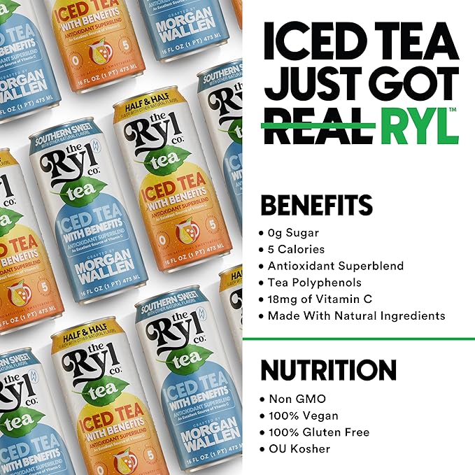 Ryl Iced Tea Front Porch Pack Sweet Tea and Half N' Half – Antioxidant Superblend No Artificial Ingredients Zero Sugar Five Calories Low Carb Non-GMO Made in the USA 12-Pack 16 Fl Oz