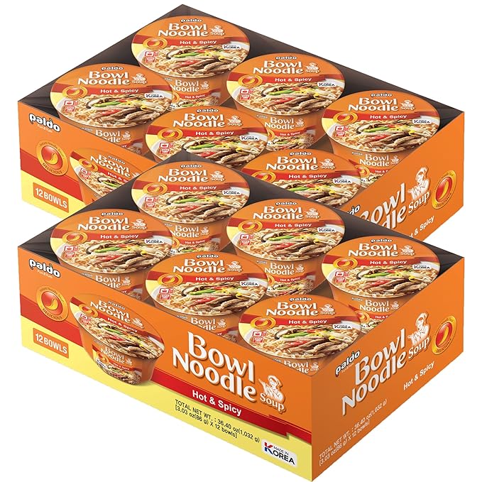 Paldo Fun &amp Yum Hot &amp Spicy Instant Cup Noodle Soup Bowl Pack of 12 Best Oriental Style Korean Ramyun Most Loved Korean Noodles 팔도 육개장 사발면 86g (3.04 oz) x 12