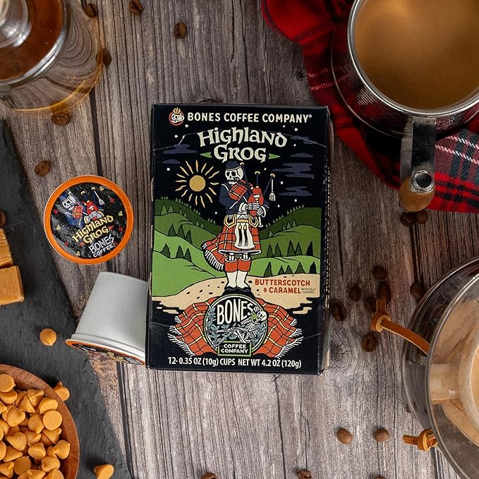 Bones Coffee Company Highland Grog Ground Coffee Beans 12 oz and Bones Cups Highland Grog 12 ct Bundle
