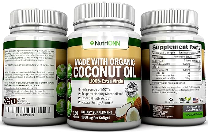 ORGANIC COCONUT OIL Capsules - 180 Softgels - 4000 MG Daily - Cold-Pressed Extra Virgin Coconut Oil - Certified USDA Organic - Great For Hair Skin And Acne