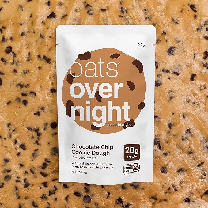 Oats Overnight - Chocolate Chip Cookie Dough - Vegan 20g Protein High Fiber Breakfast Shake - Gluten Free Non GMO Oatmeal (2.6 oz per meal) (8 Pack)