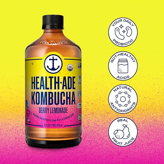 Health-Ade Kombucha Tea Organic Drink Fermented Tea with Living Probiotics Detoxifying Acids Supports Gut Health Non-GMO Vegan Gluten Free 12 Pack (16 Fl Oz Bottles) Berry Lemonade