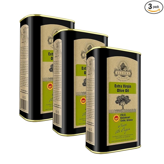 Ellora Farms Greek Extra Virgin Olive oil Certified Single Estate PDO Traceable olive oil Harvested in Crete Kosher ek 1 Lt. X 3 Tins total 101.4 FL oz.