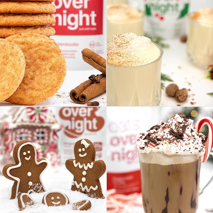 Oats Overnight - Holiday Variety Pack 20g Protein 5g Fiber Breakfast Shake - Gluten Free Non GMO Oatmeal Snickerdoodle Gingerbread &amp More (8 Pack + Shaker Bottle)