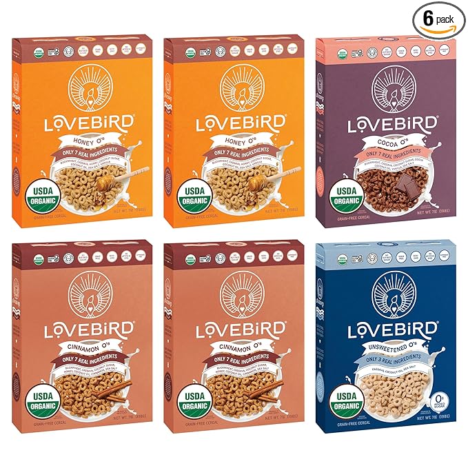 Lovebird Organic Cereal That Actually Tastes Good - 100% Real Food &amp Healthy Gluten Free Cereal No Refined Sugar Paleo Keto Friendly Healthy Snacks for Kids Adults - Variety 6-Pack