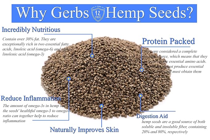 GERBS Roasted Unsalted Whole Hemp Seeds 2 LBS. Premium Grade | Resealable Bulk Bag |High in Magnesium Protein &amp Fiber| Gluten Peanut Tree Nut Free