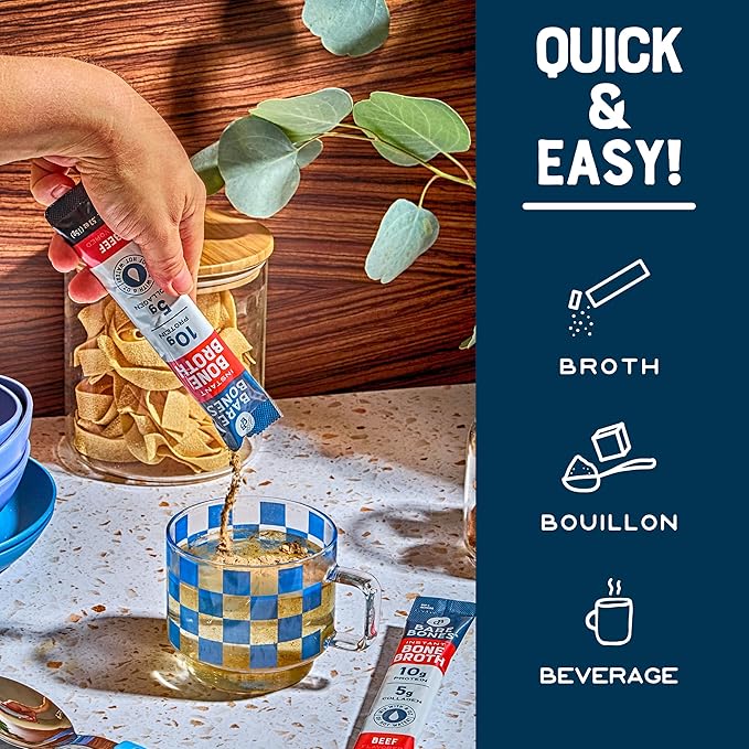 Bare Bones Beef Bone Broth Instant Powdered Mix Packets | 5g Collagen | 10g Protein | Keto &amp Paleo Friendly | No Artificial Flavors | Rich Savory on-the-go 16 Pack