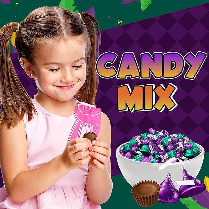 Mardi Gras Chocolate Candy Mix 2 Lbs Bulk Chocolate Assortment Green And Purple Individually Wrapped Kisses Peanut Butter Cups and More for Parties Parades King Cake Mardi Gras Celebration Part