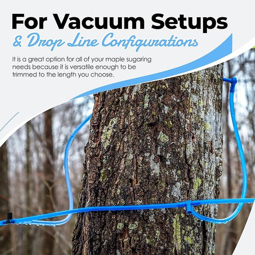 5/16” x 50’ Maple Syrup Tree Tapping Tubing | Food Grade Hose with 5 Bags Caps No Hole 5 Caps with Hole 5 Spiles and Drill Bit | Rated for use for 15 Years Made in Canada Transparent Blue