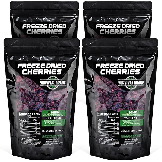 Freeze-Dried Sweet Cherries - Unsweetened No Preservatives Nutrient-Dense - Bulk &amp Multi-Pack Options by Survival Grocery® (48 oz./4 Resealable Bags)