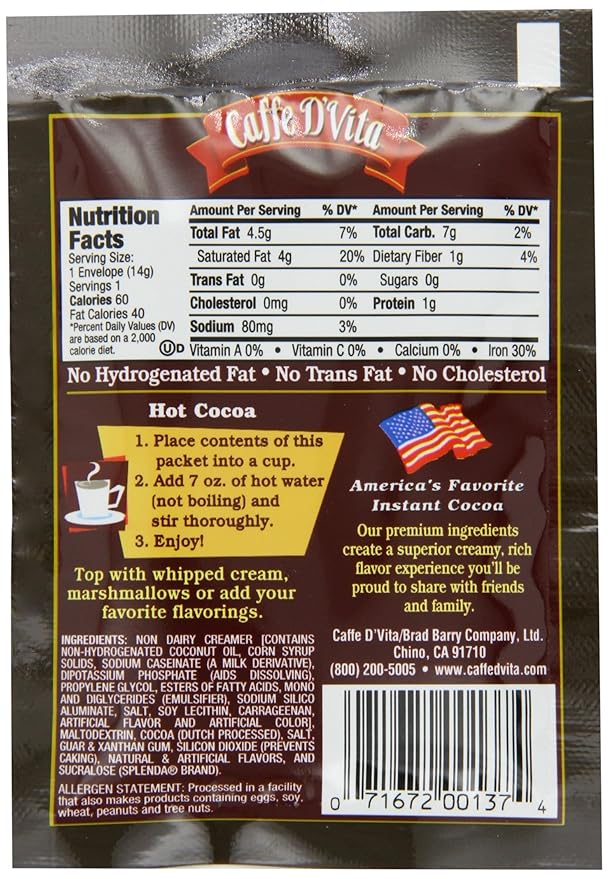 (24 Pack) Caffe D'Vita Sugar Free Hot Cocoa Mix - Gluten Free Low Fat No Cholesterol No Hydrogenated Oils No Trans Fat Kosher - 0.5 oz each