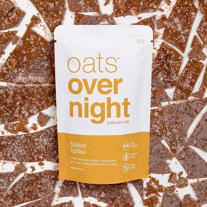 Oats Overnight Salted Toffee - Overnight Oats with 20g Whey Protein High Fiber Breakfast Protein Shake - Gluten Free Oatmeal Non GMO High Protein Oatmeal (2.8 oz per Meal) (24 Pack)