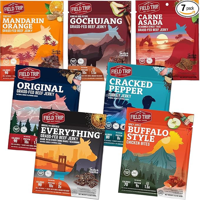 Field Trip Turkey Chicken and Beef Jerky Variety Pack Healthy Gluten Free Snacks All Natural Paleo-Friendly Meat Snacks with No Nitrates Low Carb High Protein Snacks 2.2 Ounce Bag 7 Pack
