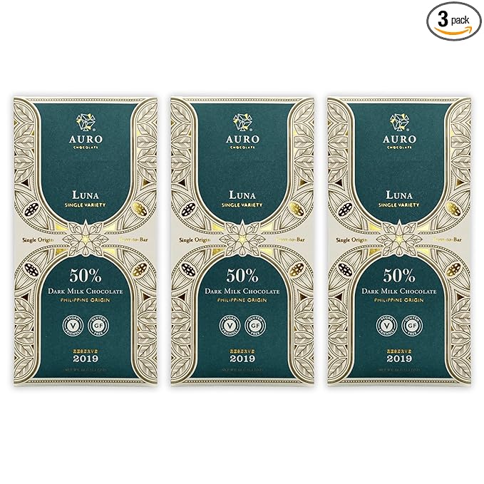 Auro Reserve Luna Dark Milk 50% Milk Chocolate 3 Pack - Filipino Chocolate - Premium Made At Origin Direct Trade Bean-to-Bar Woman Owned BIPOC Owned - Halal - Bundle