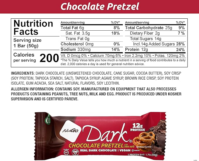 NuGo Dark Chocolate Pretzel w/SS 12g Vegan Protein Gluten Free Kosher Pareve Non-GMO 12 Count and NuGo Plant Protein Powder Chocolate 20g Protein 3g Sugar 25 Servings