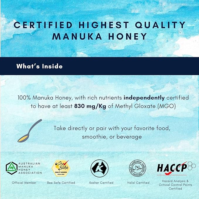 Honey Australia Manuka Honey MGO 830+ | 8.8 oz | Medical Grade Organic Raw Certified Pure Manuka Honey for Daily Health &amp Wellness | Delicious Rich Taste Also Suitable For Skin Care