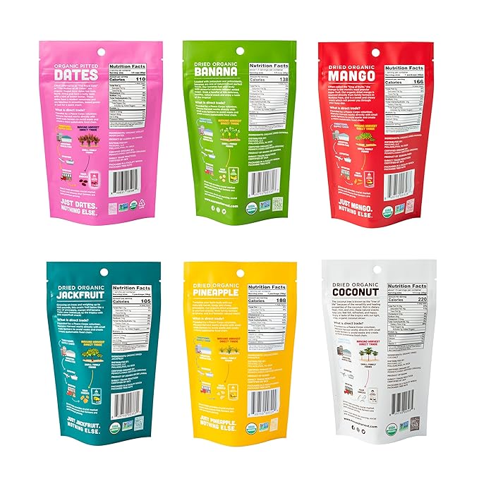 Mavuno Harvest Organic Dried Fruit Variety Pack | Dried Mango Dates Pineapple Banana Jackfruit &amp Coconut | Healthy Vegan No Sugar Added Non GMO Snacks for Kids &amp Adults | 2 Ounce 6 Pa