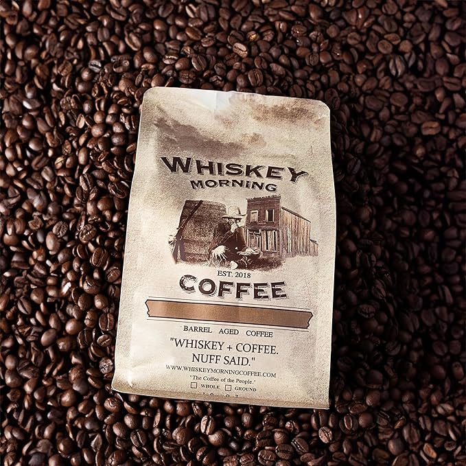 Whiskey Morning Coffee Bourbon Barrel Aged Whole Bean Fire Roasted Coffee Beans 100% Arabica Specialty Grade Non-Alcoholic Whiskey Infused Coffee Beans Small Batch Texas Roasted 10 oz Bag