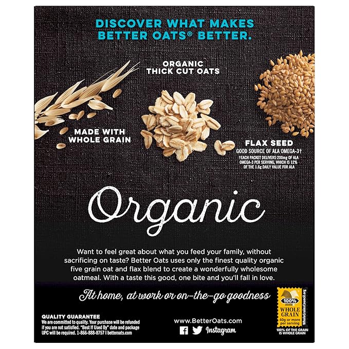 Better Oats Bare Organic Multigrain Hot Cereal Packets Instant Oatmeal Thick and Hearty Texture USDA Organic Box of 8 Pouches (Pack of 6)