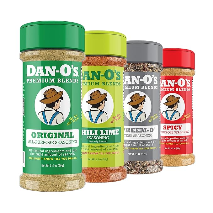 Dan-O's Taste of Summer” Small Seasoning 4 pack - Spicy (3.5 oz) Original (3.5 oz) Preem-O (3.4 oz) Chili Lime (3.3 oz)