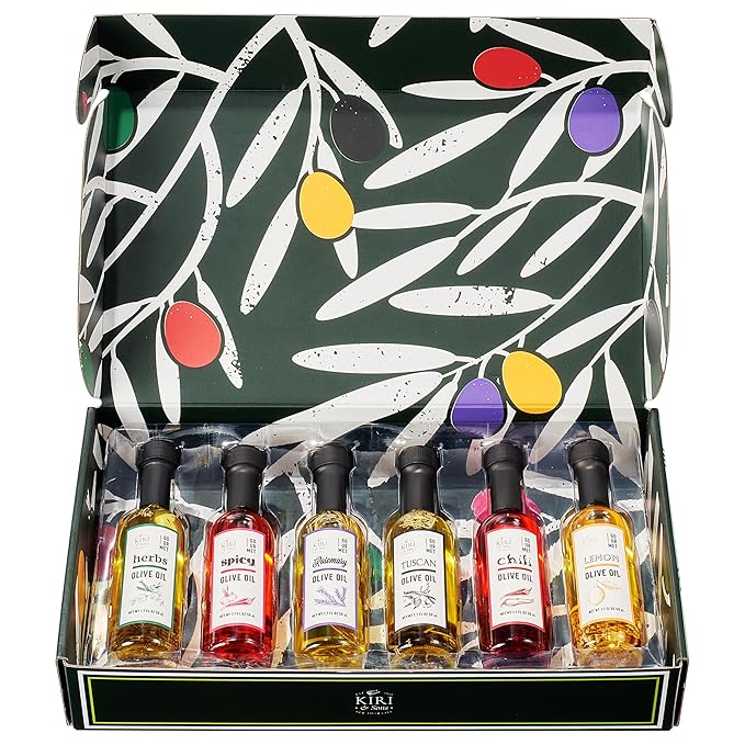 Kiri &amp Sons Olive Oil Gourmet Sampler Gift Set of 6 - Premium Extra-Virgin Blend Olive Oil Made In Spain Natural Flavors Include Herbs Chili Spice Rosemary Tuscan &amp Lemon - Gifts for Her