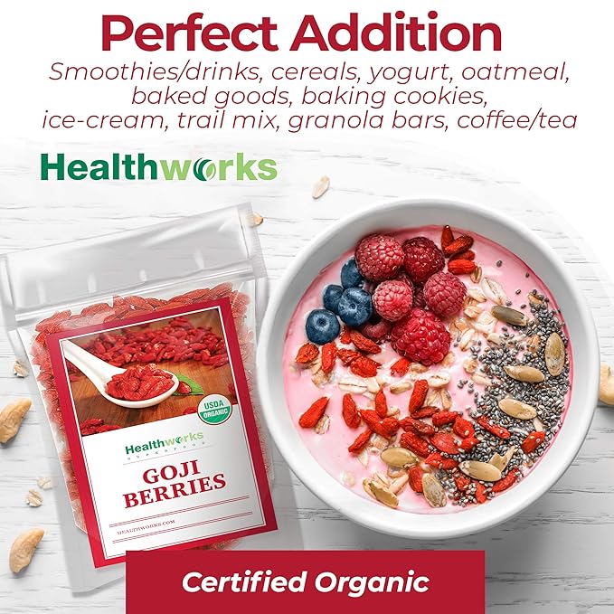 Healthworks Organic Dried Goji Berries - 32oz /2lb - 1 Pack - Vegan and Non-GMO Certified Organic Raw Sun-Dried Goji Berries