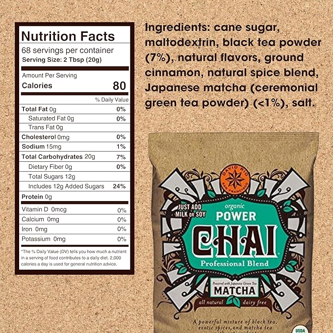 Power Chai Matcha Tea Latte Mix 48 Oz Japanese Matcha Black Tea Organic Spices Vegan Dairy Free Serve Hot or Cold Just Add Water or Milk 68 Servings