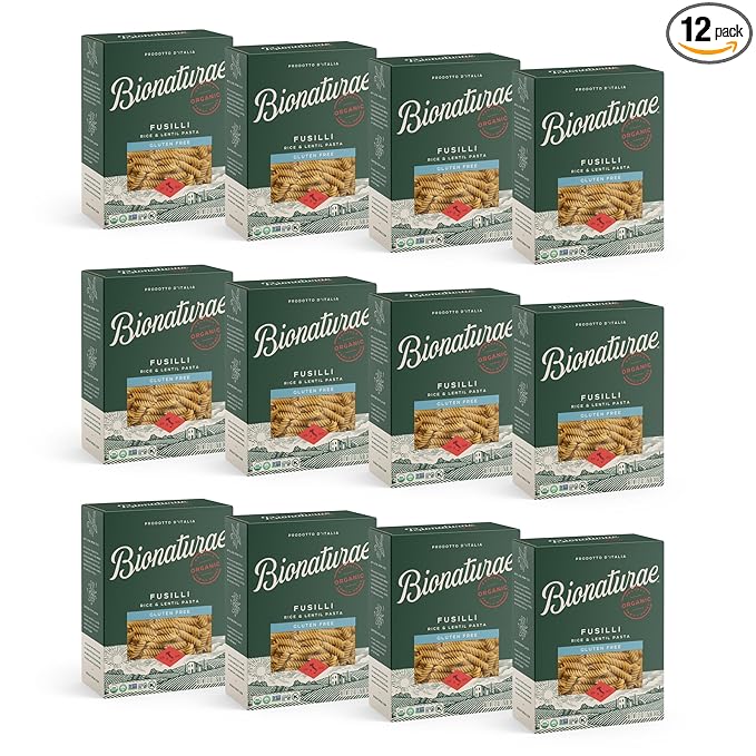 Bionaturae Fusilli Pasta Noodles - Gluten Free Pasta Organic Rice &amp Lentil Pasta Kosher Certified High Protein Non-GMO Fusilli Pasta Organic Crafted in Italy - 12 Oz 12 Pack