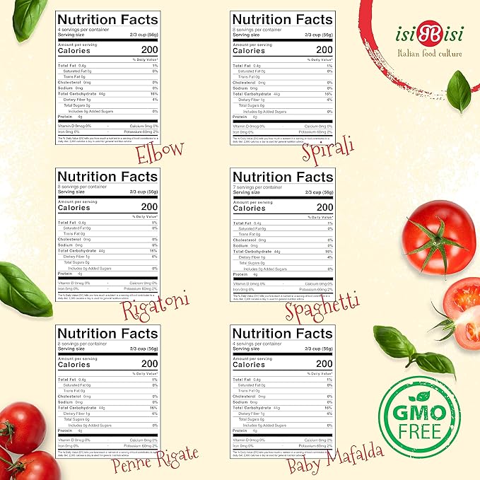 isiBisi Gluten Free Pasta Sampler 8-Pack - Penne Spaghetti Rigatoni Elbow Baby Mafalda Spirali Noodles - Non GMO Vegan Made in Italy
