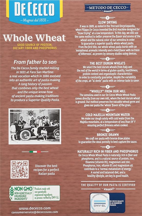 De Cecco Pasta Whole Wheat Penne Rigate No.41 13.25 OZ (Pack of 12) - Made in Italy High in Protein &amp Iron Bronze die