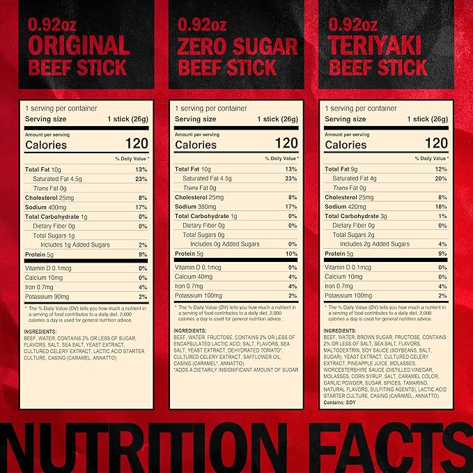 Jack Link's Beef Sticks Variety Pack - Original Teriyaki &amp Zero Sugar - Made with 100% Real Beef - Ready to Eat Real Meat Protein Snacks - 5g Protein per Serving - (20 Pack) 0.92 oz Meat Sticks