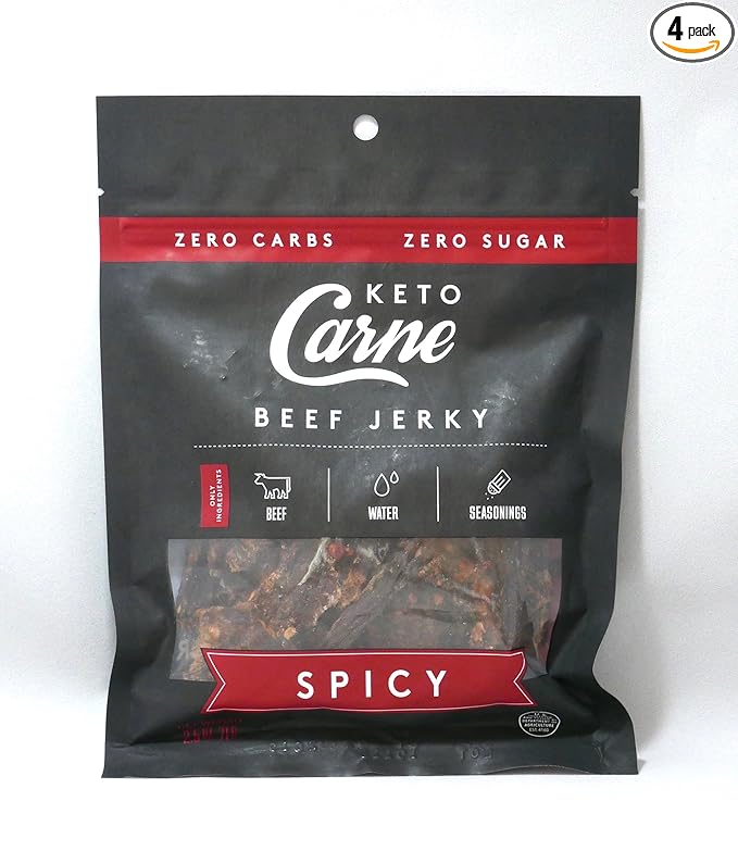 KETO CARNE | Healthy Keto &amp Low Carb Beef Jerky | 0g Carb | 0g Sugar | Sugar Free Zero Carb | Gluten Free | Soy Free | Preservative Free | Nitrate Free | All Natural | Pack of 4