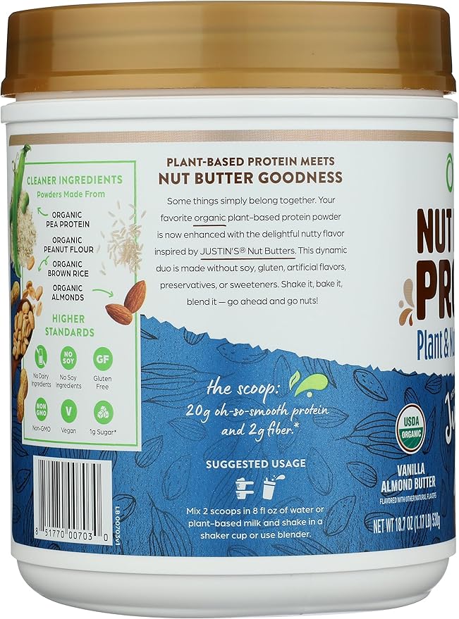 Orgain X Justin's ® Organic Vegan Nut Butter Protein Powder Vanilla Almond Butter- 20g Plant Protein 1g Sugar Gluten Free No Dairy Soy Ingredients or Artificial Flavors 1.17 lb