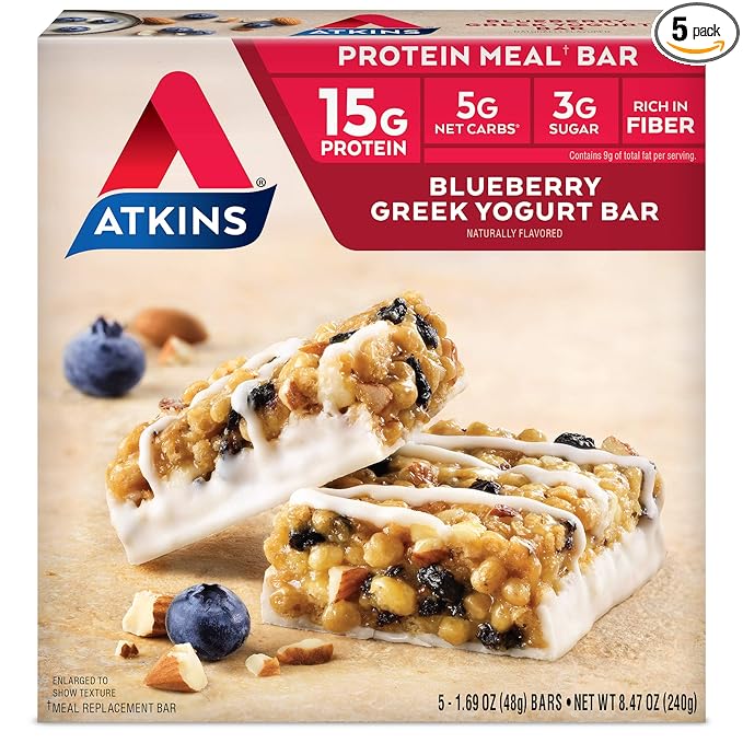 Atkins Blueberry Greek Yogurt Protein Meal Bar High Fiber 15g Protein 3g Sugar 5g Net Carbs Meal Replacement Keto Friendly 5 Count