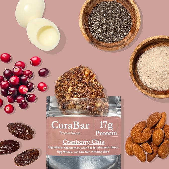 CuraBar Protein Bars – 17g Protein Low Carb Gluten Free Dairy Free Healthy Snack Seed Oil Free No Artificial Ingredients 12 Count Cranberry Chia