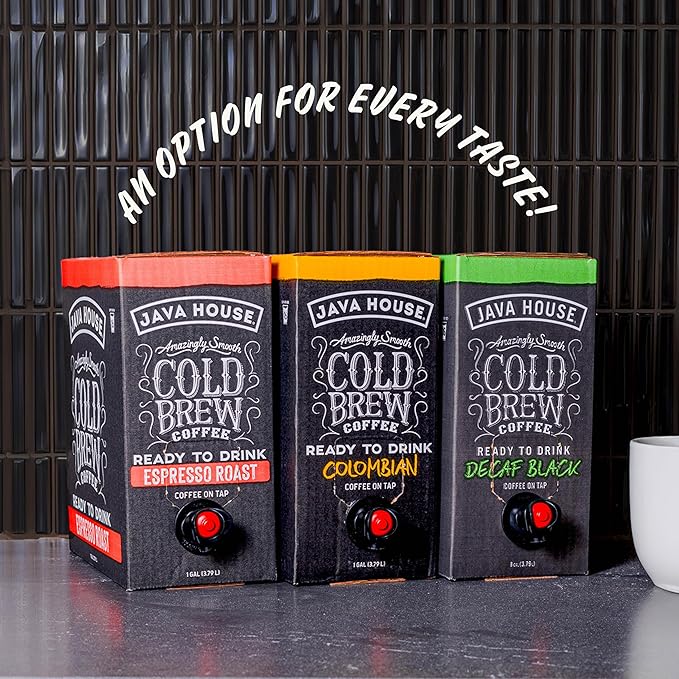 Java House Cold Brew Coffee on Tap – Premium 100% Arabica Dark Roast – Smooth Espresso Flavor with Dark Chocolate Notes – 1 Gallon Box (16 Servings) – Ready to Drink No Brewing Required Fridge-Frien