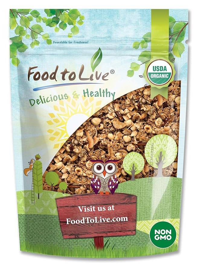 Food to Live Organic Golden Crunchy Granola 1.5 Pounds - Small Batch Handcrafted Bulk Great as Snack for Breakfast Cereals Contains Hazelnuts Pecan Nuts Almonds Coconut Flax Sunflower Seeds