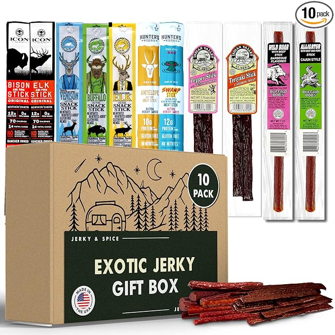 Jerky-n-Spice Exotic Beef Jerky Gift Box | Snacks Variety Pack for Adults | Exotic Meat Sticks Sampler | Jerky Gift Basket for Birthday &amp Any Occasions | Meat Bouquet Healthy Snack Box | 10 Pack