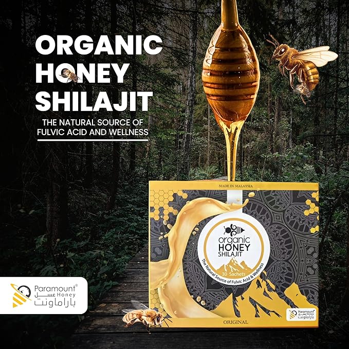 Paramount Organic Honey with Shilajit - Pure &amp Natural Jelly Honey Bee Pollen (Large Pack of 30 Sachets 10Gram Each)