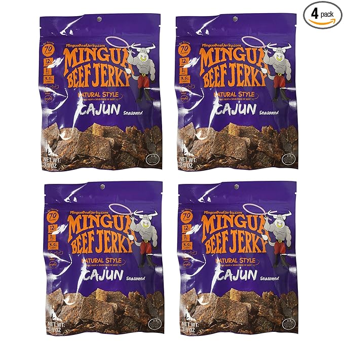 Mingua Beef Jerky Cajun-Seasoned - Nitrite-Free Spicy Beef Jerky - 100% US Beef Four 3.5-Ounce Bags