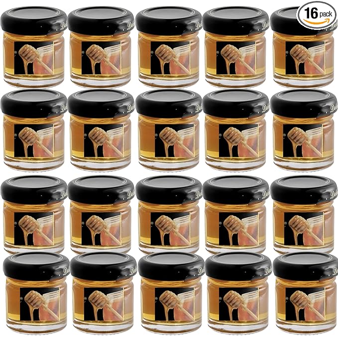Pure Honey Mini Jars – 1.1 oz Each (Pack of 16) – 100% Natural Honey – Individual Glass Jars for Tea Breakfast Travel Restaurants &amp Gift Baskets