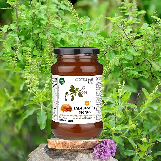 INDIGENOUS HONEY Tulsi Basil Honey Raw Natural Pure Unprocessed NMR Tested Unpasteurized Unheated 530g Glass Jar Pack of 1